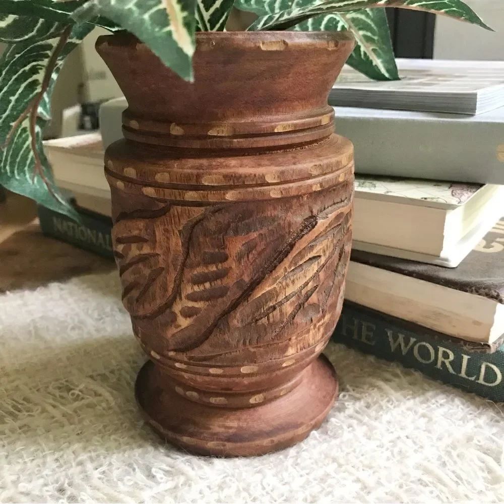 Wood Hand Carved Brown Turned Pedestal  Vase